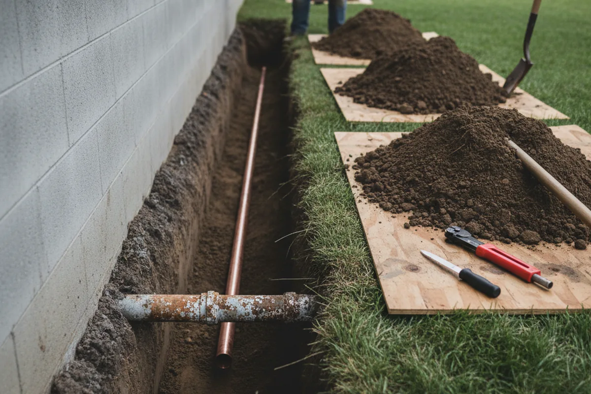 Excavated water line trench during Water Heater Repair in Westville